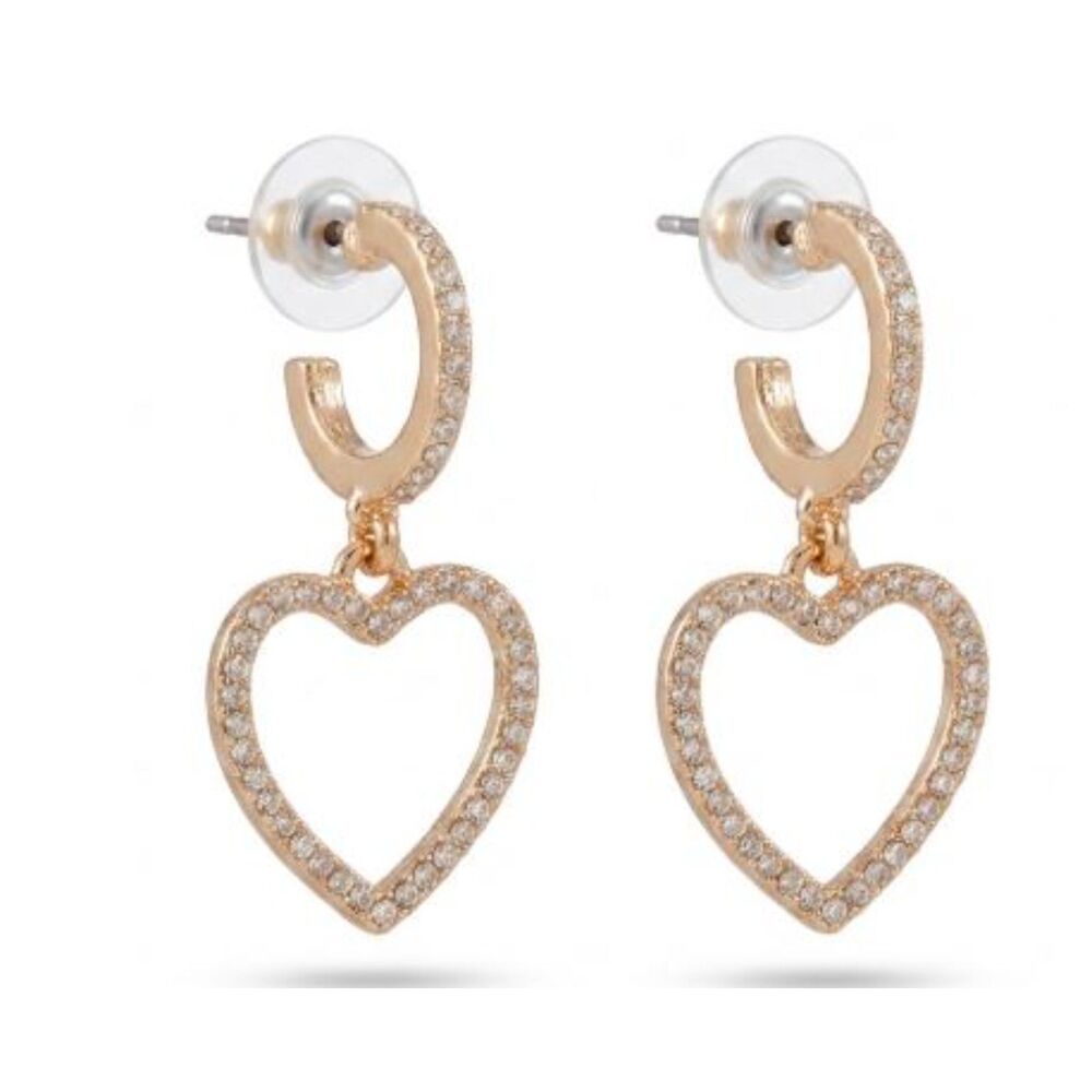 Lee Angel Women's Gold Crystal Open Heart Huggie Hoop Drop Earrings NWT 110